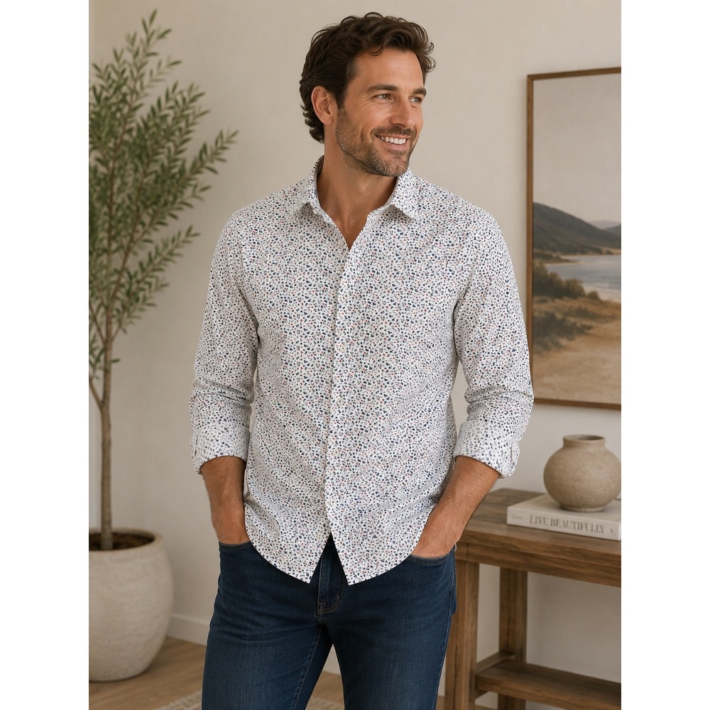 Denim & Flower Ricky Singh Mens Floral Button Down Shirt White sz L 1225